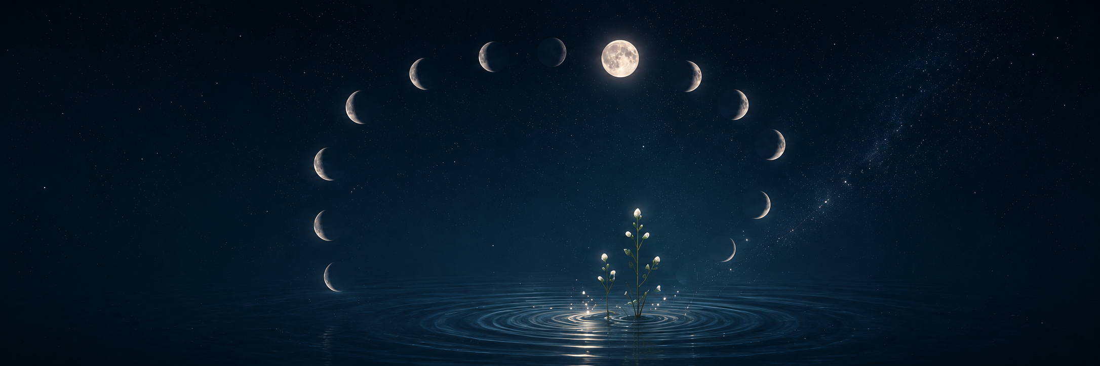 Lunar phase cycle arcing over a sprout rising from moonlit water